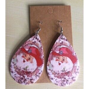 Santa Cowboy Earrings Hat Lasso Boarder Holly Leaf Double Sided 3 Inch Drop